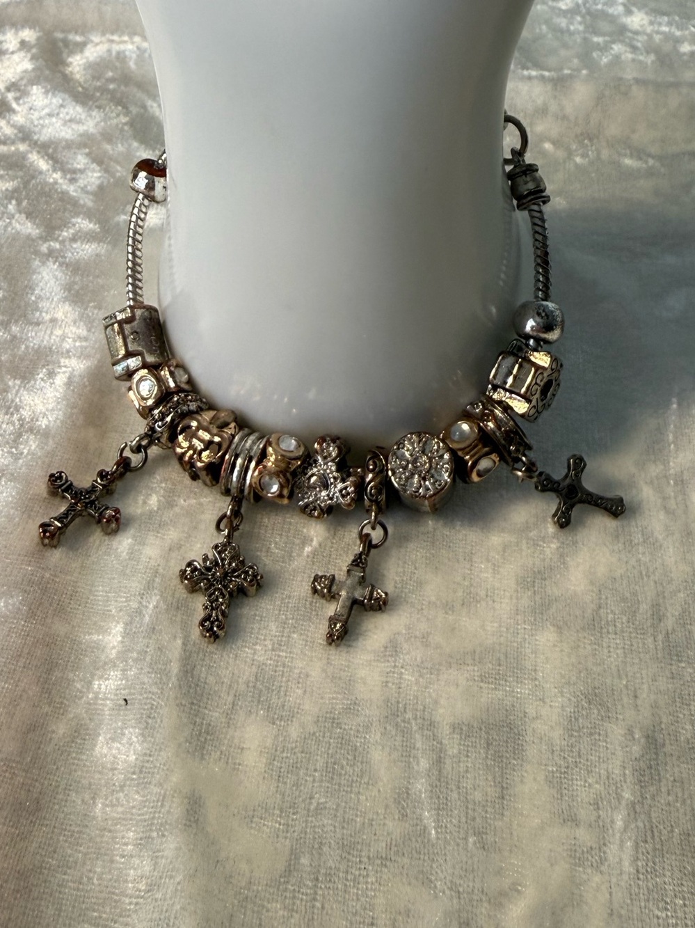 Silver Tone Cross Charm Bracelet Rhinestone Bead Faith Christian Gift Vintage